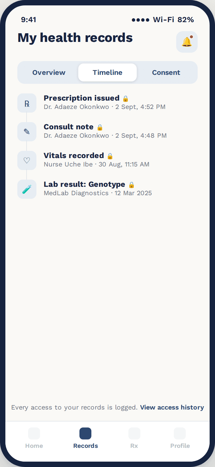 Tend health records screen